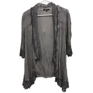 Cativa Womens Lagenlook BOHO Cardigan Large Gray Lace Trim Open 3/4 Sleeve